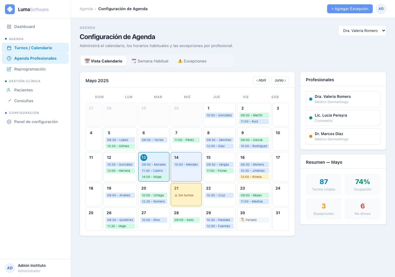 Vista de Configuración de agenda en Luma Software