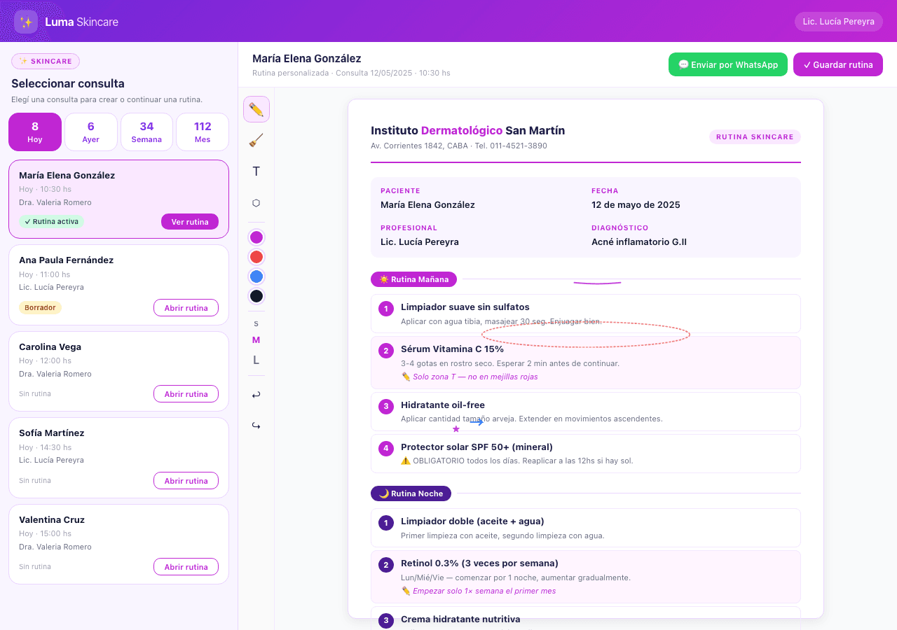 App Skincare de Luma Software — editor de rutinas en tablet