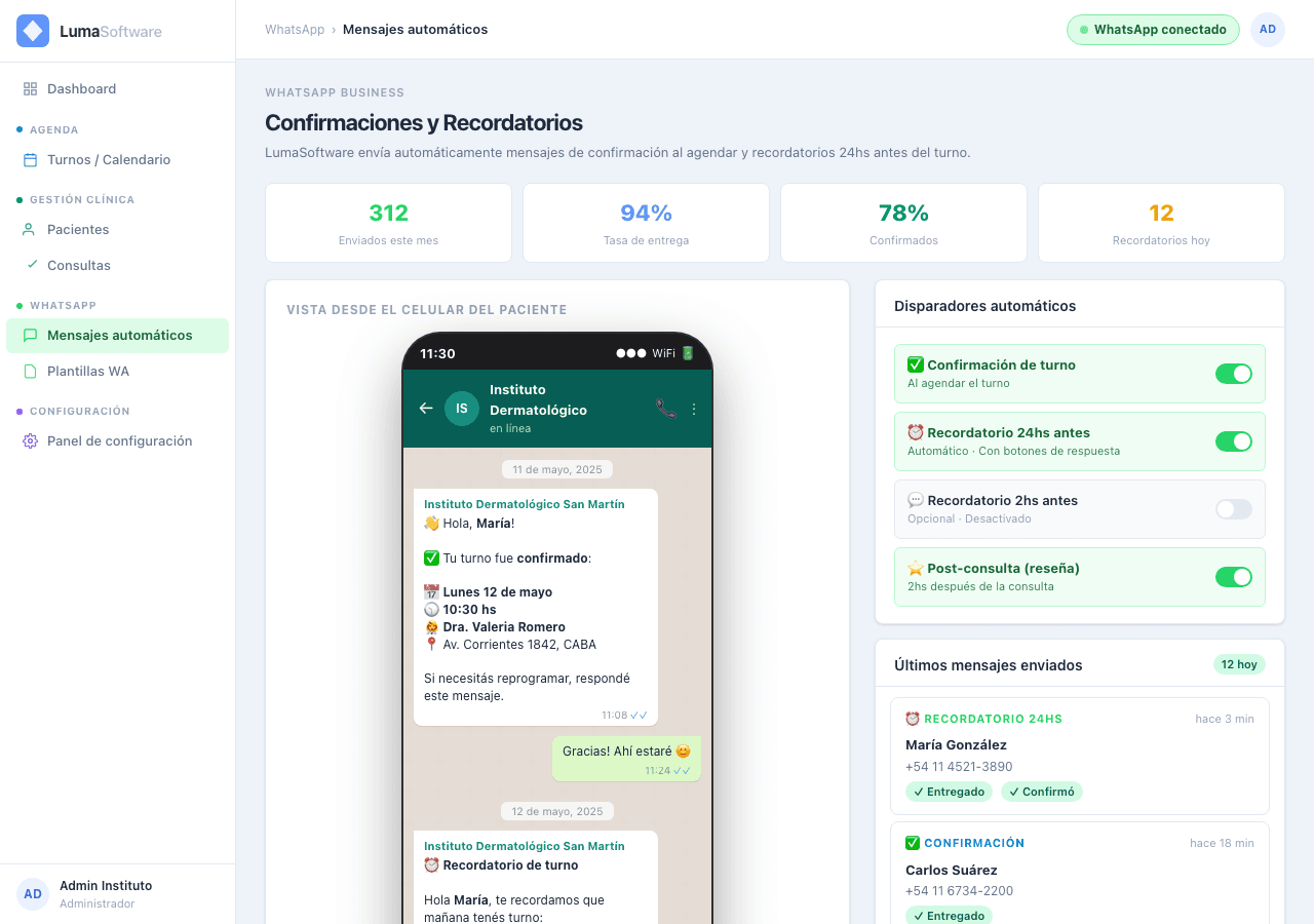 Pantalla de WhatsApp en Luma Software